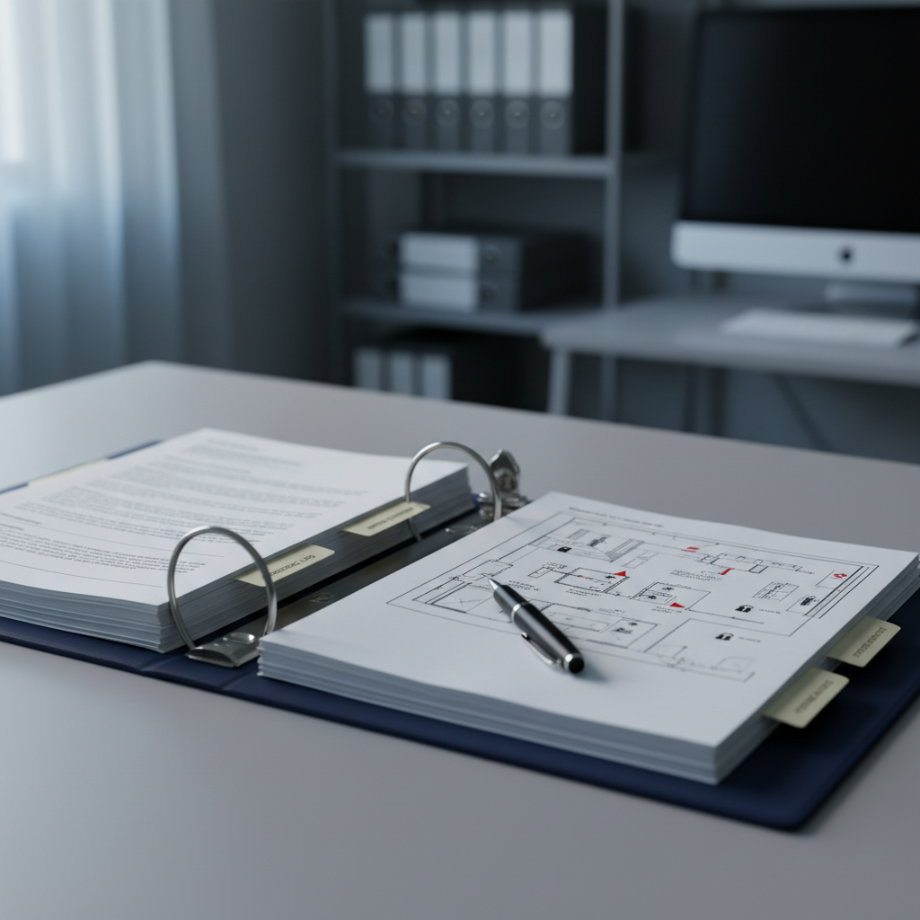 A close-up photographic view of a thick, dark blue case file binder lying open on a smooth, neutral grey table in a forensic office. Inside, neatly typed reports, tabbed sections, and a detailed, anonymized crime scene diagram are visible, with a fine-tipped black pen resting diagonally across the pages. Soft overhead fluorescent lighting is balanced by faint, cool daylight from an unseen window, producing even illumination with subtle paper textures and crisp shadows at the page edges. The background falls into gentle blur, hinting at shelves of labeled binders. Composed using the rule of thirds from a slightly elevated angle, the mood is analytical, controlled, and highly professional, visually supporting in-depth written case analyses.