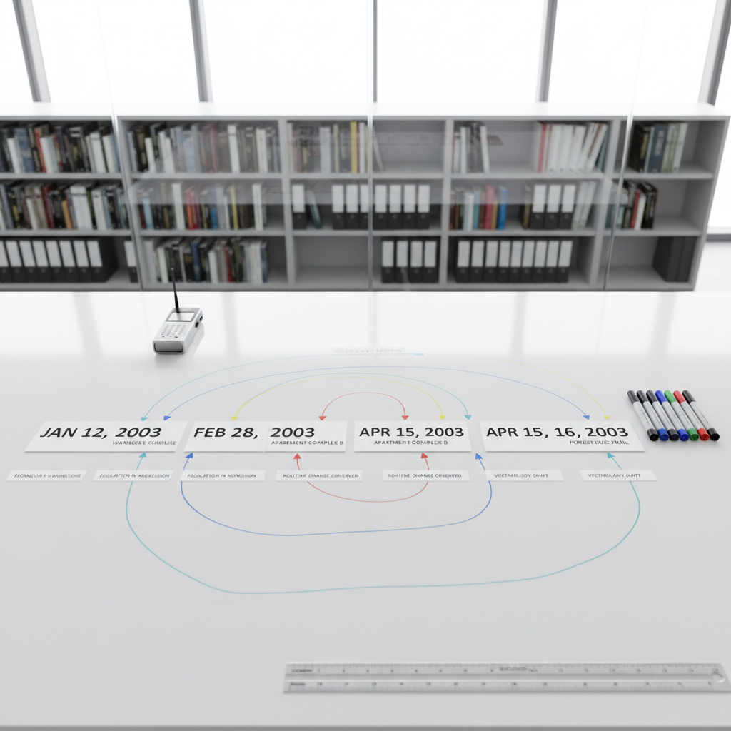 A detailed, overhead photographic view of a large, clean whiteboard table in a modern analysis lab, covered with a carefully arranged case timeline. Printed date markers, location cards, and typed behavioral notes form a chronological line, accented by thin, color-coded marker lines and small magnetic arrows. A sleek digital voice recorder, a set of fine-tip markers, and a stainless-steel ruler rest along the edges, all aligned with deliberate precision. The setting is a minimalist, glass-walled room with blurred shelves of reference books in the background. Bright, diffused daylight from floor-to-ceiling windows creates soft, shadowless illumination that enhances every detail without glare. The composition is top-down with sharp focus throughout, conveying clarity, structure, and the clinical rigor of professional cold-case and offender behavior analysis.